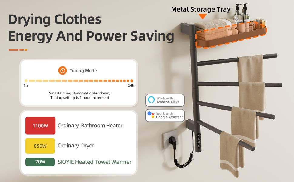 SIOYIE Smart Rotating Heated Towel Rack For Bathroom, Wall-Mounted Electric Towel Dryer With Swivel Bars & Shelf, Smart Timer, Low Carbon Steel, Plug-in/Hardwired, Towel Warmer With Wi-Fi App Control_voghion.com